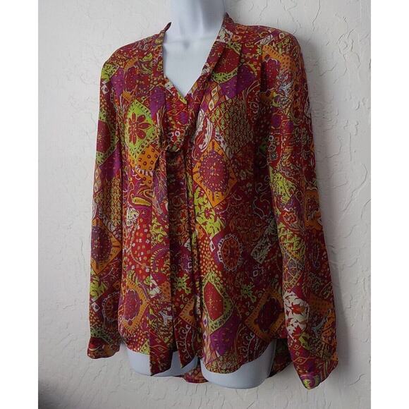 Investments Women 8 Satin Blouse V-Neck Button Up Colorful Boho Floral Bow Tie - Picture 3 of 7